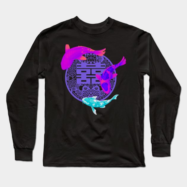 Double Happiness with Vivid Koi Fish and Purple Symbol - Hong Kong Retro Long Sleeve T-Shirt by CRAFTY BITCH